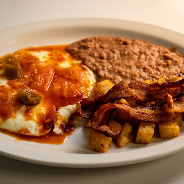 Plate of eggs topped with red salsa and jalapeños, served with refried beans, diced potatoes, and crispy bacon.