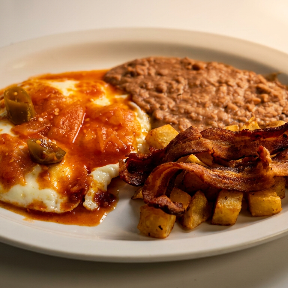 Plate of eggs topped with red salsa and jalapeños, served with refried beans, diced potatoes, and crispy bacon.