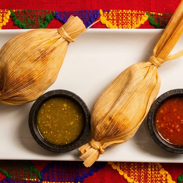 Two corn-husk-wrapped tamales are served on a white platter with green and red dipping sauces atop a colorful woven textile.