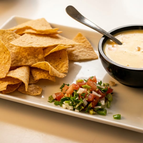 Tortilla chips with creamy queso dip and fresh pico de gallo served on a rectangular plate.