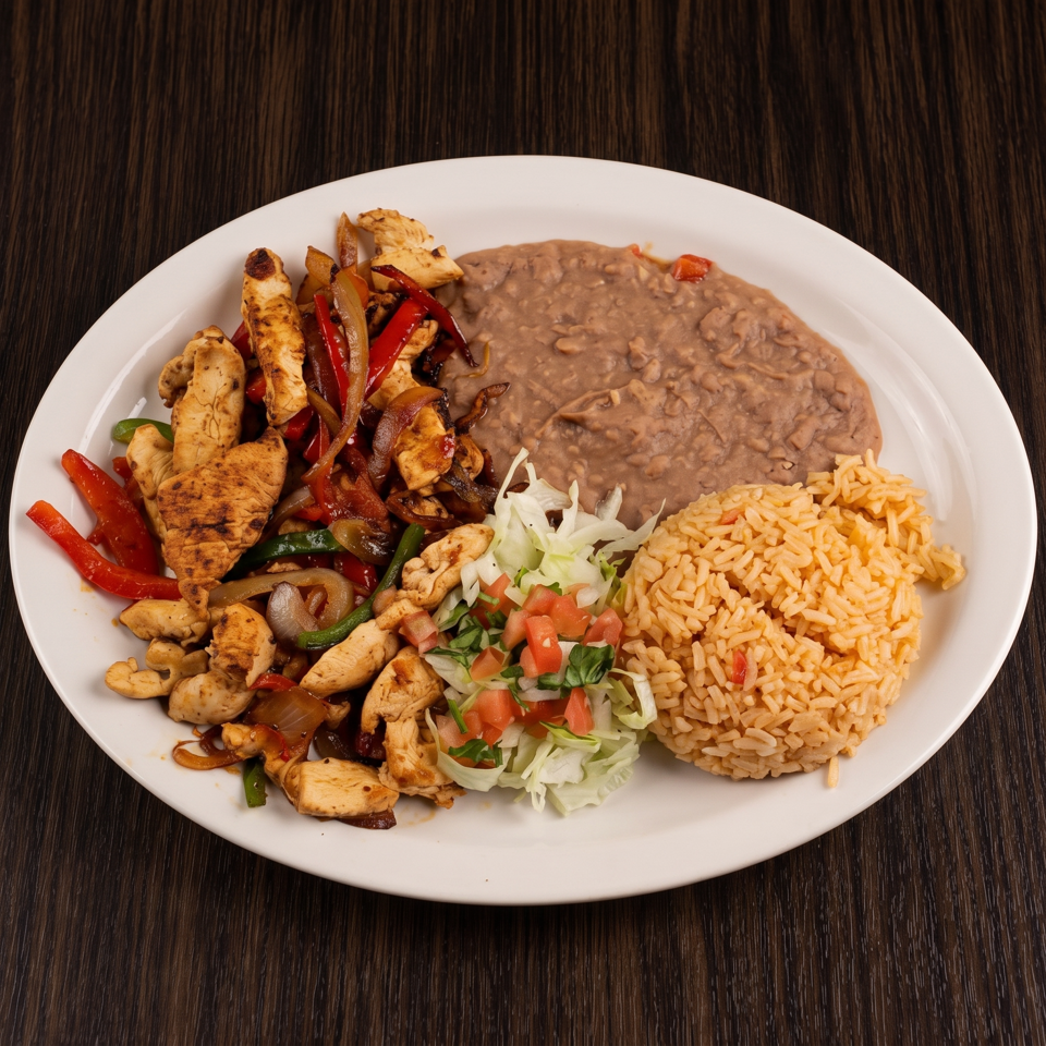 Plate of grilled chicken fajitas with peppers, onions, refried beans, Mexican rice, and a fresh lettuce-pico de gallo salad.