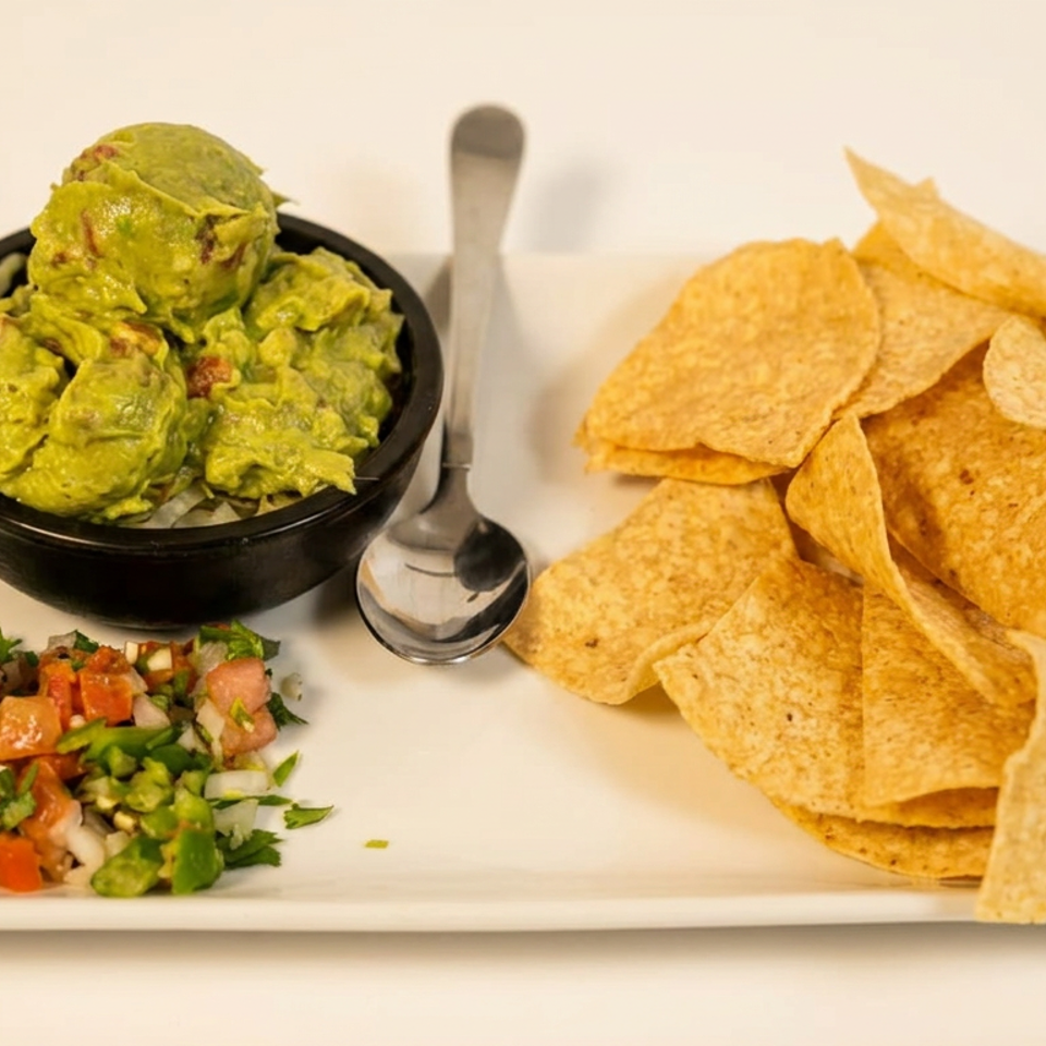 Plate of guacamole, tortilla chips, and fresh pico de gallo with a spoon.